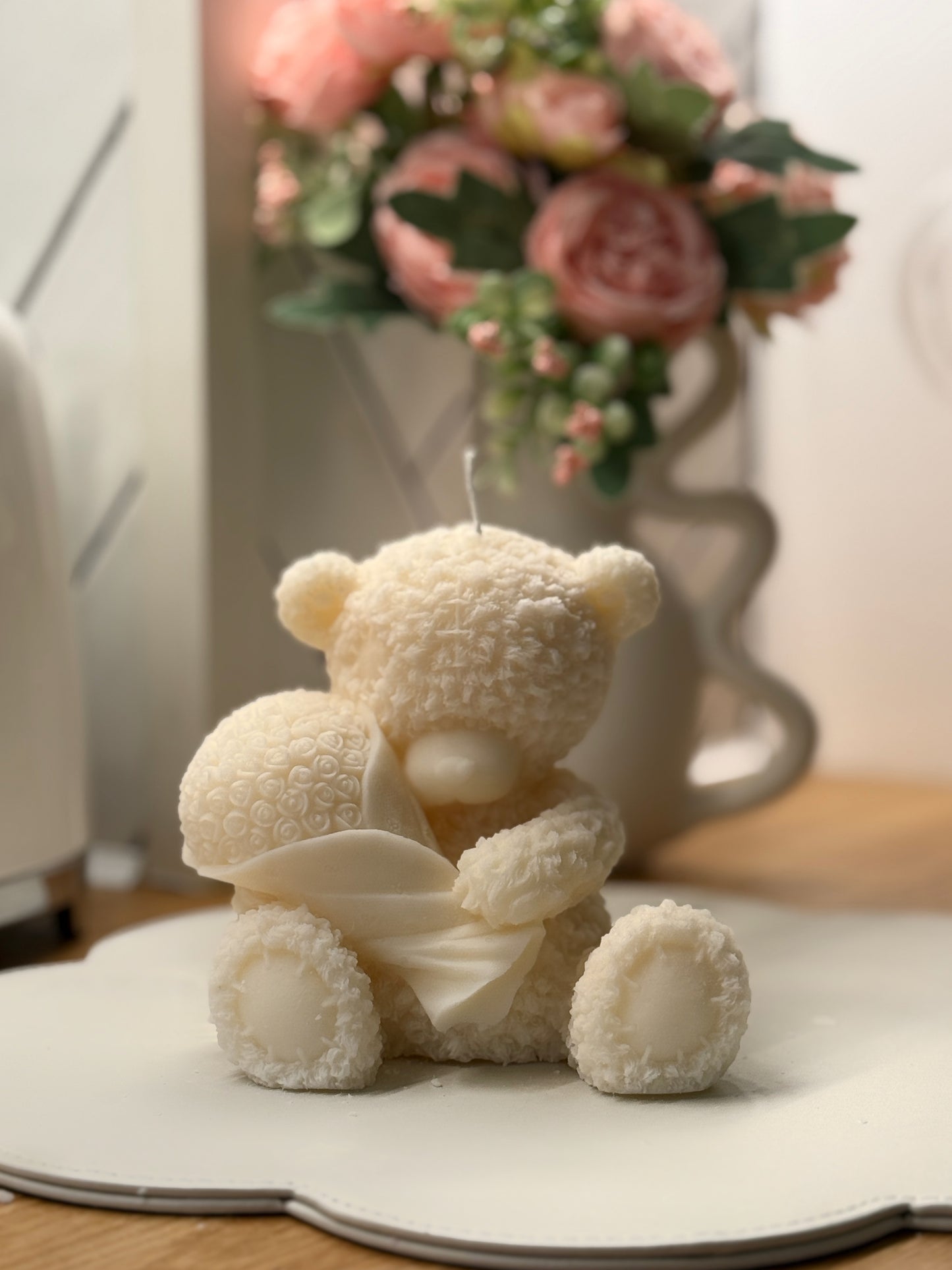 Teddy Bear Candle holding Bouquet of Roses
