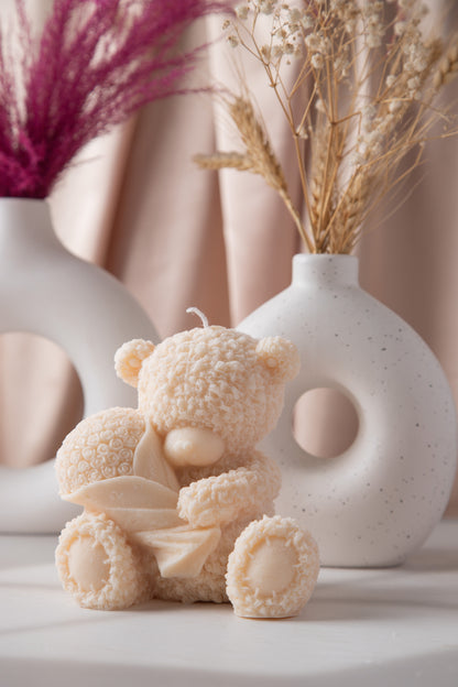 Teddy Bear Candle holding Bouquet of Roses